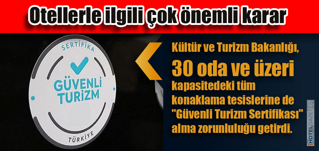 30 oda ve üzeri kapasitedeki tüm konaklama tesislerine de "Güvenli Turizm Sertifikası" alma zorunluluğu getirdi.